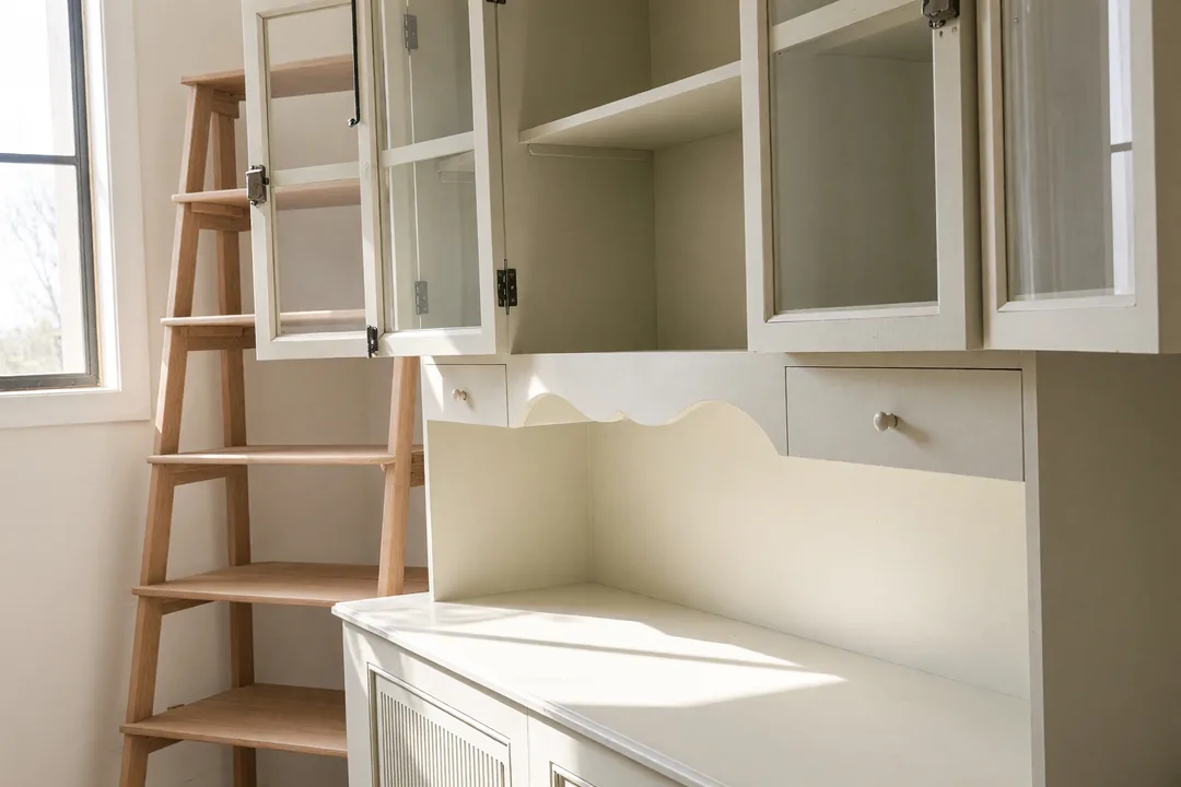 Kitchen – After · AI-edited: stacks of dishes removed, dark kitchen brightened, dresser kept